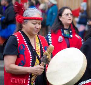 Members of the Shx' At Kwaan dance group perform Saturday during the Celebration 2016 parade from Marine Park to Centennial Hall.