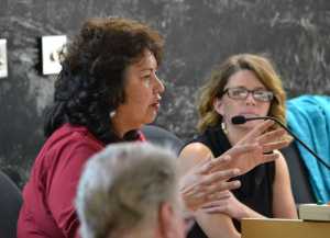 Myrna Garner, Central Council's business and economic development manager, speaks to the Juneau Planning Commission about a plan to turn the old Thane Ore House into a Native cultural immersion park at Tuesday night's meeting. The commission unanimously approved a conditional use permit for the project.