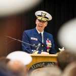 Rear Admiral Daniel Abel gives his farewell speech during a Change of Command ceremony at Elizabeth Peratrovich Hall on Wednesday. Rear Admiral Michael McAllister takes over as Commander of the U.S. Coast Guard 17th District. The ceremony was overseen by Vice Admiral Charles Ray, Commander of the Pacific Area and Defense Force West.