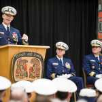 Vice Admiral Charles Ray, Commander of the Pacific Area and Defense Force West, speaks while overseeing a Change of Command ceremony as Rear Admiral Michael McAllister, right, takes over as Commander of the U.S. Coast Guard 17th District from Rear Admiral Daniel Abel, center, during a Change of Command ceremony at Elizabeth Peratrovich Hall on Wednesday.