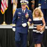 Rear Admiral Michael McAllister, escorts his wife, Bridget, after taking over Commander of the U.S. Coast Guard 17th District from Rear Admiral Daniel Abel during a Change of Command ceremony at Elizabeth Peratrovich Hall on Wednesday. The ceremony was overseen by Vice Admiral Charles Ray, Commander of the Pacific Area and Defense Force West.