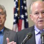 Lt. Gov. Byron Mallott, left, attends a press conference with Gov. Bill Walker in Juneau on Thursday.