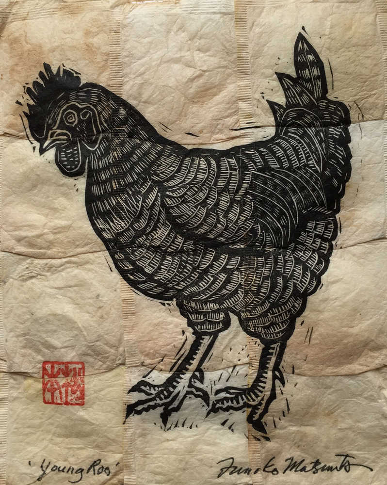Fumi Matsumoto and MK MacNaughton will display ink prints on tea bags, oil paints on canvas, and other art "celebrating our chicken neighbors" for First Friday in August.
