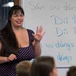 Emily Edenshaw-Chafin leads a counting song during a Haida language lesson at the Edward K. Thomas building on Tuesday.