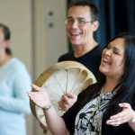 Heather Powell, right, and Hans Chester lead songs during a Tlingit language immersion retreat at the UAS Recreation Center on July 29. The week-long retreat was sponsored by Sealaska Heritage Institute and ended with a graduation ceremony on Saturday.