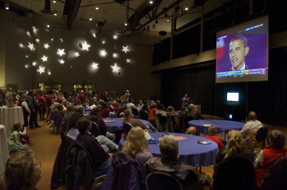 Juneau residents attend an election central gathering at Centennial Hall in 2008.