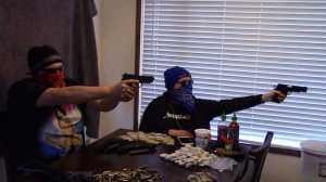 Pelmeni dealers Donkey Booty, left, played by Kyle Messing, and El Duké, right, played by Jeremiah Crockroft, strike a menacing pose in their hideout.