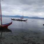 Canoes en route from Hoonah to Glacier Bay for the dedication of Xunaa Shuká Hít on Thursday, Aug. 25.