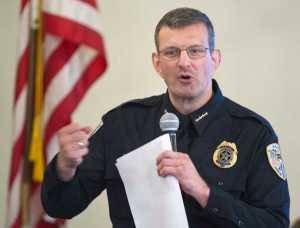 Juneau Chief of Police Bryce Johnson speaks to the Juneau Chamber of Commerce during their weekly luncheon at the Moose Lodge on Thursday.