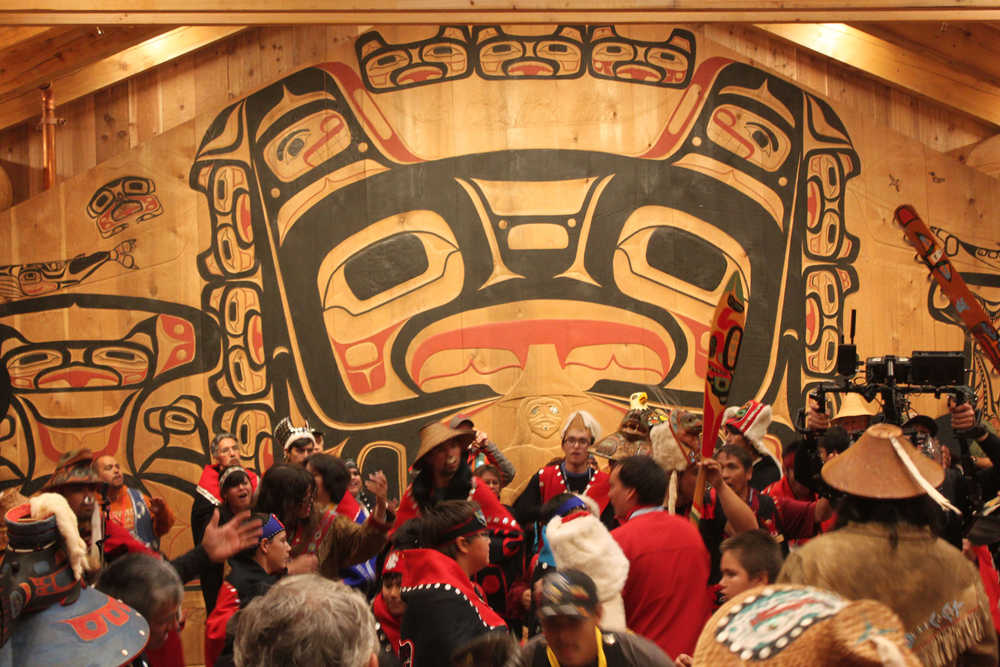 People dance inside Xunaa Shuká Hít during the dedication Aug. 25. See the Capital City Weekly's Facebook page for videos of the dancing.