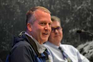 U.S. Senator Dan Sullivan speaks in the Juneau Assembly Chambers Monday night. Sullivan is putting "boots on the ground" in a state-wide tour of municipalities, he told the Assembly.
