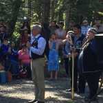 Lt. Governor Byron Mallot speaks before Naay i'Waans. Also standing, to the right, is Central Council of Tlingit and Haida Indian Tribes of Alaska (CCTHITA) President Richard Peterson (Chalyee Éesh), who is from Kasaan.