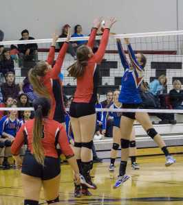Juneau-Douglas High School's Cassie Dzinich (7) blocks the ball during a match against the Sitka Wolves on Friday at JDHS. The Crimson Bears won Friday's and Saturday's matches.