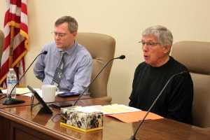 Lt. Gov. Byron Mallott and special assistant Scott Meriwether open the public hearing Friday morning on the Permanent Fund Voter Registration Initiative. The Juneau hearing took place in the Thomas Stewart Legislative Office Building. The initiative will be a ballot measure on the Nov. 8 general election.
