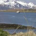 The U.S. Fish and Wildlife Service vessel Tiglax anchored at Attu, the final island in the volcanic Aleutian Chain.
