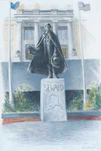 A painting by David Rubin on how a statue of William Henry Seward might look in the Dimond Court Plaza in front of the Alaska Capitol Building.