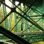 The Cut River Bridge, steel deck cantilever, 147 feet above the river, U.S. Highway 2, Upper Peninsula, Michigan (with a fearless beam walker.)