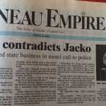 A Jan. 20, 1993 followup story by Tim Huber and Dirk Miller on then Sen. George Jacko. Huber, who was working the cop beat at the Juneau Empire on a Saturday, was the first to break the news about Jacko's harassment of a female legislative aide; in 1994, a subcommittee of the Senate legislative ethics committee censured Jacko on three counts of "using his office to seek sexual favors and companionship from women," according to a 1997 Juneau Empire article about Jacko's later harassment of a Homer teenager.