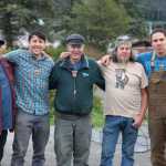 Copper, silver and gold carver Dave Galanin, left, gave the five carvers, right, the tináa necklaces they are wearing; they wore them throughout the steaming of the canoes. To Galanin's right are son Jerrod Galanin, lead carver Steve Brown, Tommy Joseph, son Nick Galanin, and T.J. Young.