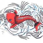 This piece by Zachary Pierwola, an inmate at Lemon Creek Correctional Center, references 19th century Japanese woodblock prints.