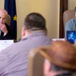 Rep. Dan Ortiz, I-Ketchikan, left, and Sam Kito III, D-Juneau, listen to Richard Peterson, president of the Central Council of the Tlingit and Haida Indian Tribes of Alaska, during a House Fisheries Committee meeting on transboundary issues at the Tom Stewart Building on Wednesday.