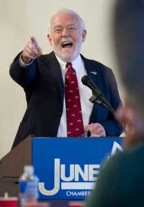 Dr. Richard Caulfield, Chancellor at the University of Alaska Southeast, speaks to the Juneau Chamber of Commerce at their weekly luncheon at the Moose Lodge on Thursday.
