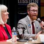 Rep. Cathy Muñoz and Justin Parish speak during an election forum hosted by the League of Women Voters of Juneau at the University of Alaska Southeast on Thursday. Rep. Muñoz is being challenged by Parish for District 34.