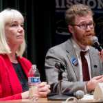 Rep. Cathy Muñoz and Justin Parish speak during an election forum hosted by the League of Women Voters of Juneau at the University of Alaska Southeast on Thursday. Rep. Muñoz is being challenged by Parish for District 34.