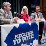 Rep. Sam Kito III, left, Rep. Cathy Muñoz and Justin Parish speak during an election forum hosted by the League of Women Voters of Juneau at the University of Alaska Southeast on Thursday. Rep. Kito is running for House District 33 unopposed. Rep. Muñoz is being challenged by Parish for District 34.