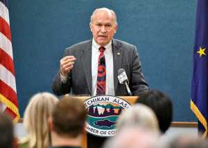 Alaska Gov. Bill Walker talks to a crowded Ted Ferry Civic Center on Thursday, Oct. 13, 2016, during a Ketchikan Chamber of Commerce luncheon.