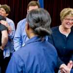 Sudie Hargis, left, and Beth Kerttula, right, are congratulated by members of the U.S. Coast Guard after an award ceremony at District 17 headquarters in the Federal Building on Friday. Hargis as given the Commander's Award for Civilian Service for her work while assigned as the Tribal Liaison Speciallist for District 17 since 2012. Hargis is retiring from the Coast Guard after serving as an active duty officer from 1887 to 1994, and numerous other positions as a civilian. Former Rep. Kerttula was presented the Coast Guard Distinguished Public Service Award for outstanding service as Director of the National Ocean Council from May 2014 to June 2016.