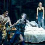 Actors Enrique Bravo, left, Cate Ross, center, and Shelley Virginia rehearse for Perseverance Theatre's production of "Not Medea."