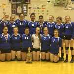 Thunder Mountain High School's varisty volleyball team poses with their JIVE Tournament trophy after their first-ever win at the annual tournament Oct. 15. The Falcons last home game is this weekend.