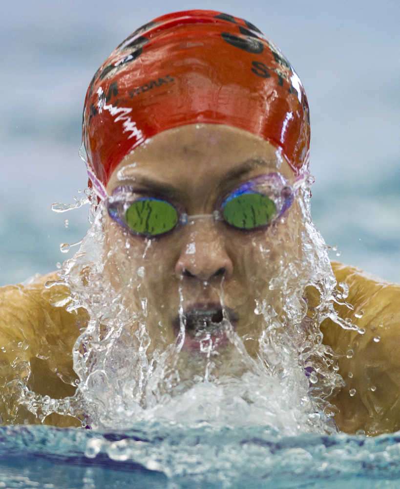 Juneau-Douglas' Mia Ruffin swims the girls 100 yard breaststroke race during the 2016 ASAA/First Natinal Bank Alaska Swim & Dive State Championships at the Dimond Park Aquatics Center on Saturday, Nov. 5, 2016.