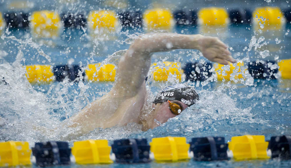 Thunder-Mountain's Bergen Davis races in the boys 200 yard IM race during the 2016 ASAA/First Natinal Bank Alaska Swim & Dive State Championships at the Dimond Park Aquatics Center on Saturday, Nov. 5, 2016. .