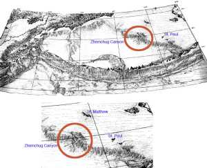 Pictured is a map of the sea floor off western Alaska showing Zhemchug Canyon, one of the largest canyons in the world. It is from a 1970 paper in Marine Geology by D. Scholl, E. Buffington, D. Hopkins and T. Alpha.