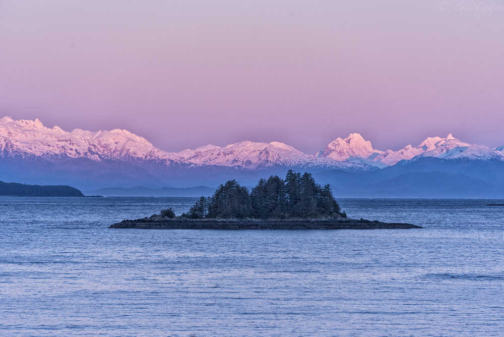 Cohen Island framed by the Chilkats in pink morning glow.