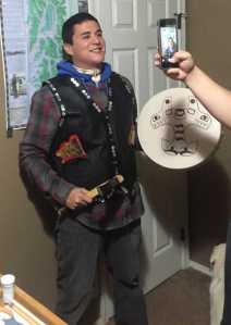 Local Tlingit man Angelo Katasse dons his Eagle clan, Split-Killer Whale moeity regalia before embarking to Cannon Ball, North Dakota to join the Standing Rock Sioux in opposition to the Dakota Access Pipeline.