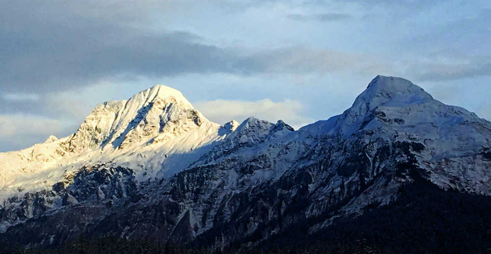 In sunshine and in shadow: Mts. Stroller White and McGinnis from Lake Creek Trail.