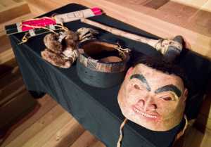 A battle helmet, armor, and a weapon on display during Kai Monture's lecture, "The Way of the Warrior," at the Walter Soboleff Center on Tuesday, Nov. 29.