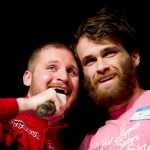 Eric Scott, president of the board for the Juneau Arts and Humanities Council, left, poses with Nick Rutecki during the second annual LumberJACC Beard & Moustache contest at the Juneau Arts & Culture Center on Friday.