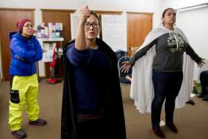From left to right: Katrina Cain (playing The Bartender), Grace Lee (playing Jessica) and Erin Tripp (playing The Ghost) at the rehearsal of Women Playing Hamlet on Tuesday, Dec. 6 at McPhetres Hall.