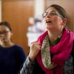 From left to right: Grace Lee (playing Jessica) and Stacy Katasse (playing Gwen) at the rehearsal of Women Playing Hamlet on Tuesday, Dec. 6 at McPhetres Hall.