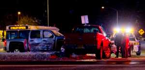 Two pickup trucks collided at the intersection in front of Fred Meyer just before 4 p.m. on Wednesday, Dec. 14, 2016.