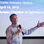 John Binkley, president of CLIA Alaska (formerly the Alaska Cruise Association), speaks to the Juneau Chamber of Commerce at the Hangar Ballroom on Thursday. CLIA Alaska and international affiliate, Cruise Lines International Association, filed a lawsuit against the city of Juneau for the use of head tax money on a new waterfront park anchored with a full-sized bronze statue of a breaching humpback whale.