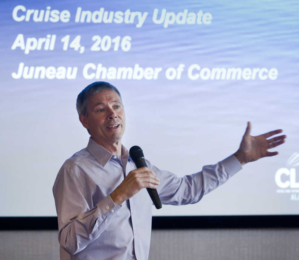 John Binkley, president of CLIA Alaska (formerly the Alaska Cruise Association), speaks to the Juneau Chamber of Commerce at the Hangar Ballroom on Thursday. CLIA Alaska and international affiliate, Cruise Lines International Association, filed a lawsuit against the city of Juneau for the use of head tax money on a new waterfront park anchored with a full-sized bronze statue of a breaching humpback whale.
