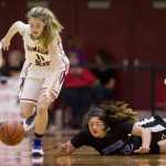 Juneau-Douglas' Kendyl Carson steals the ball from Thunder Mountain's Nina Fenumiai in the Capital City Classic at JDHS on Tuesday, Dec. 27, 2016.