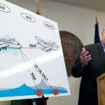 Gov. Bill Walker points to a chart during a July 14 press conference that uses a crashing jet to show possible scenarios for Alaska economy if the legislature fails to act during its special session.