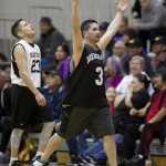 Metlakatla's Gogert celebrates Metlakatla's last-second win as Yakutat's Ralph Johnson reacts to the loss during their "C" bracket game in the 2016 Juneau Lions Club 70th Gold Medal Basketball Tournament at Juneau-Douglas High School on March 21.