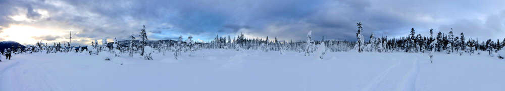 Panorama of Spaulding Meadow with storm clouds looming on Jan. 6.